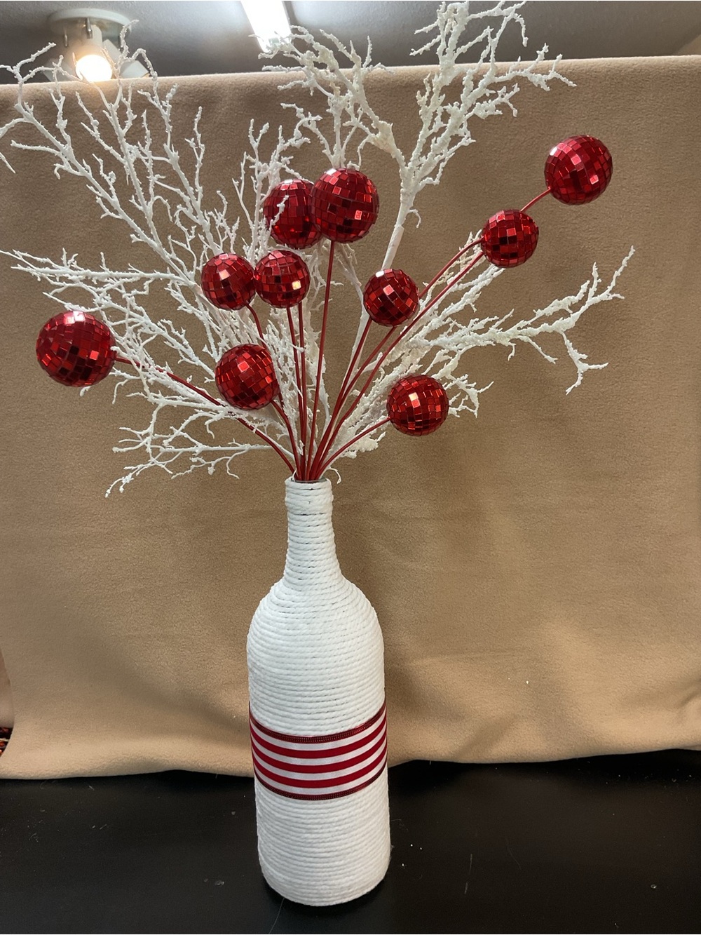 Holiday Red Decorative Bottle Vase with Red Ball Picks for Christmas